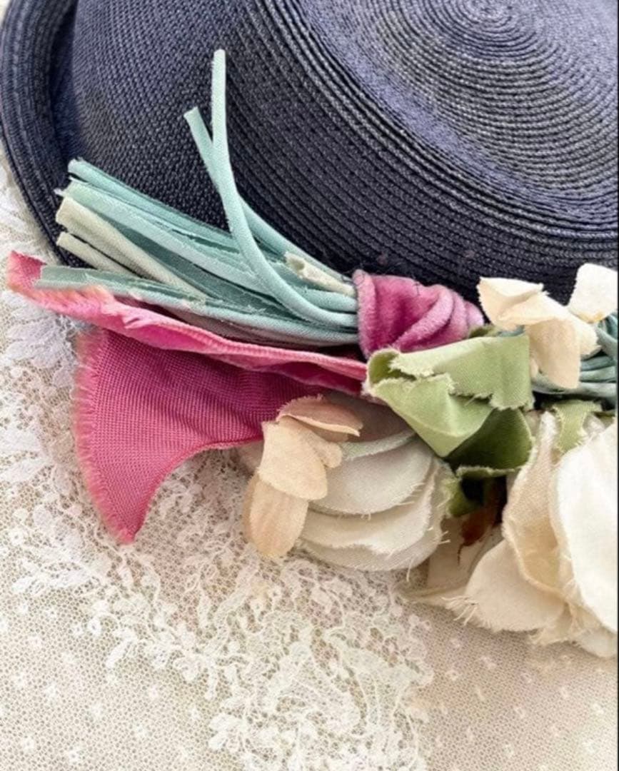 アンティークヴィンテージハットエクリュ 布花コサージュ帽子ドレスディスプレイ