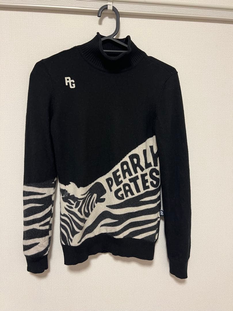 【美品】韓国 パーリーゲイツ ゼブラ柄 ハイネック セーター サイズ0 黒 防寒