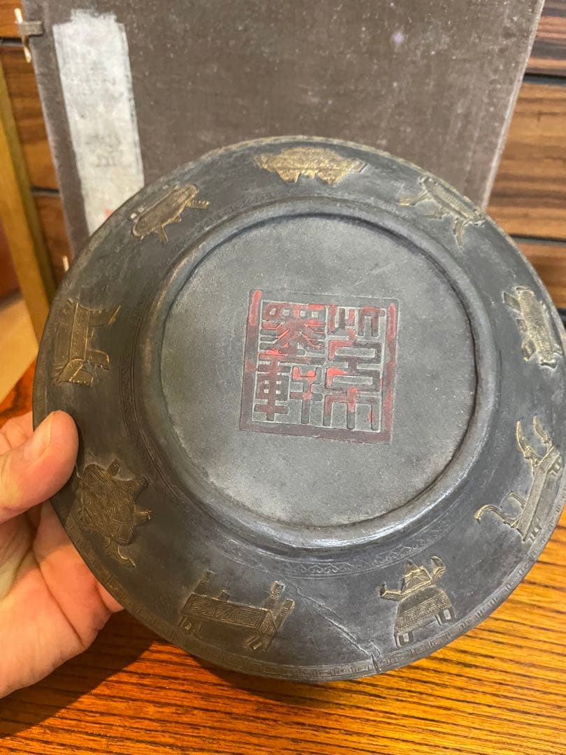 唐墨　飾り皿　中国　細密画　古い硯　書道