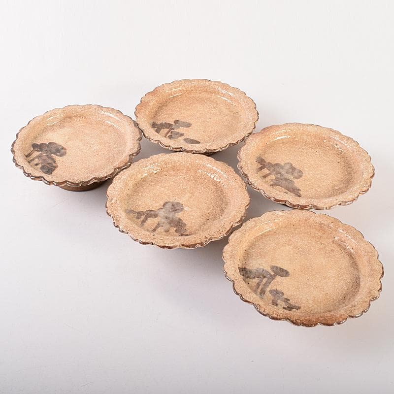 和食器　志野焼　絵志野　松文　雪輪形　菓子皿　五客　在銘　共箱　D　R7842