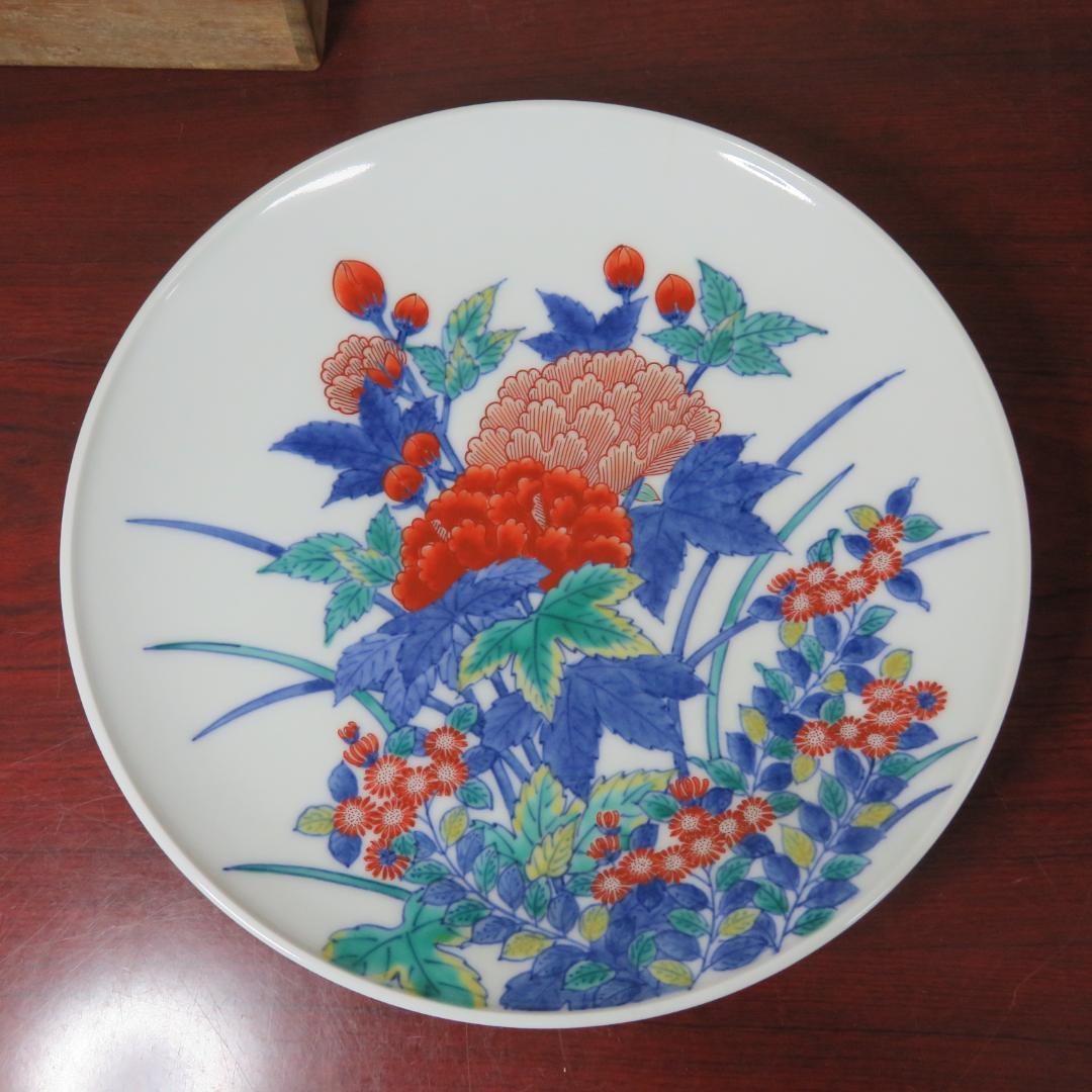 今右衛門 飾り皿 額皿 花文 大皿 染錦 色絵 共箱 蓋割れ