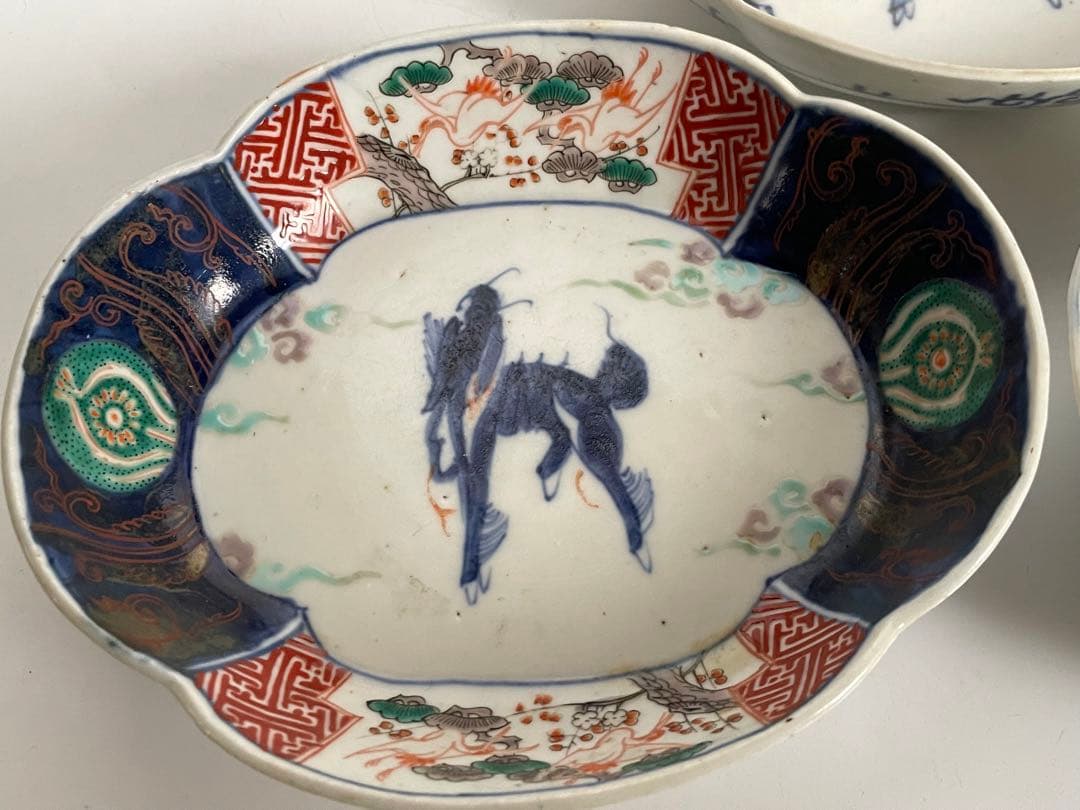 骨董　アンティーク　古伊万里　色絵　麒麟図　木瓜形　変形皿　向付　膾皿　3枚