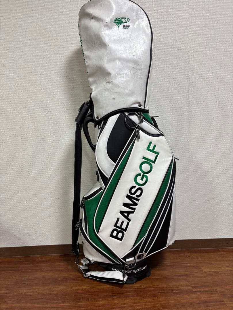 BEAMS GOLF キャディバッグ 白×緑 フード付 使用感あり