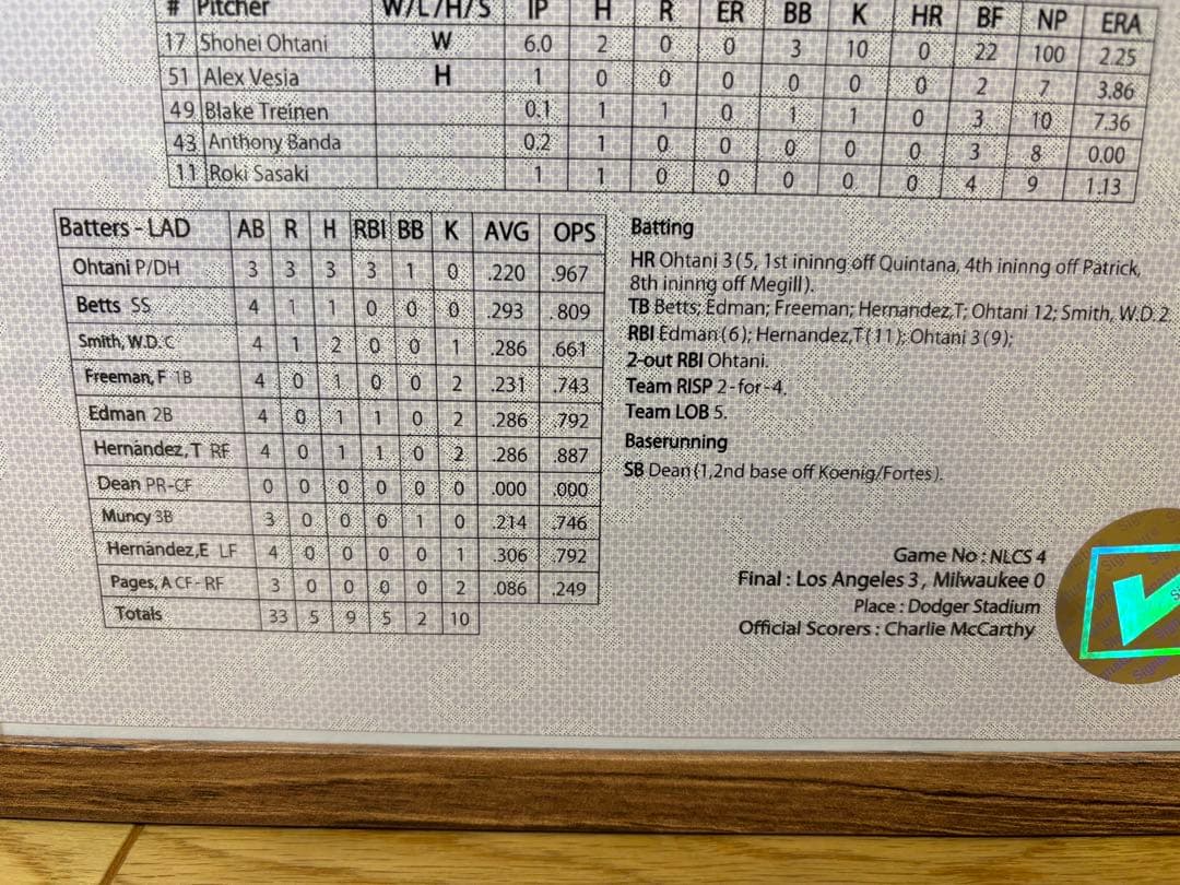 ⭐️期間限定価格⭐️【非売品】大谷翔平 伝説の試合公式スコアシート ３ＨＲ＆１０Ｋ
