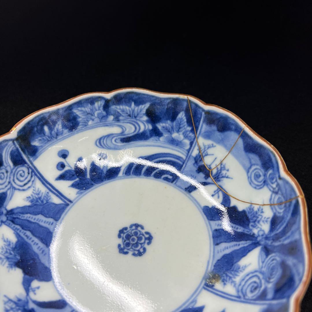 江戸中期　藍柿右衛門手輪花膾皿5枚　幅約14㎝　東Y8-0106☆2F