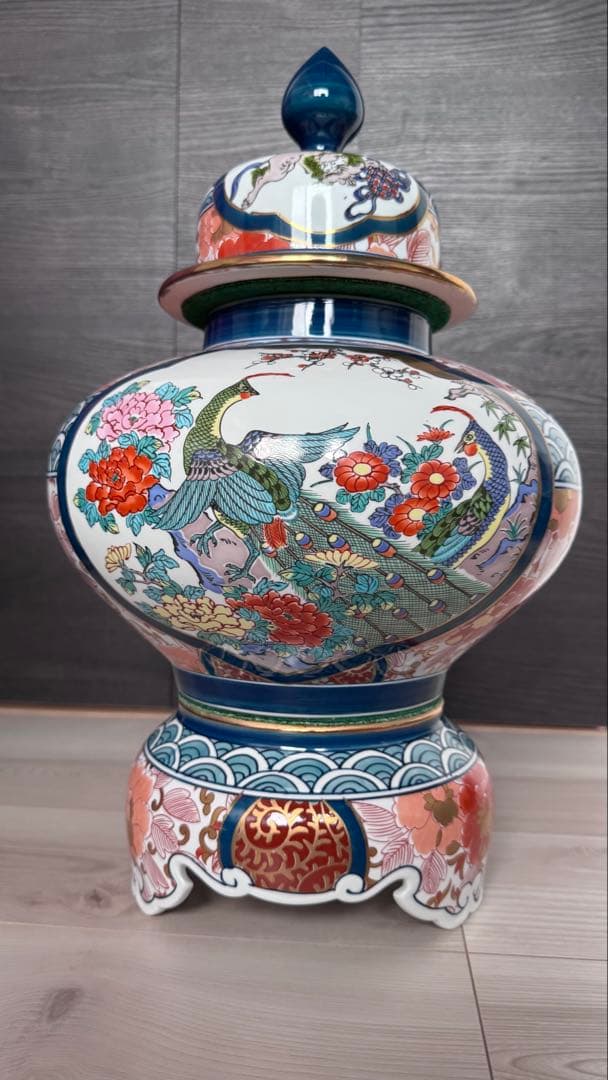 今日だけ割引　有田焼 勝右衛門作 染錦 金彩色絵花鳥紋 沈香壷　飾壺