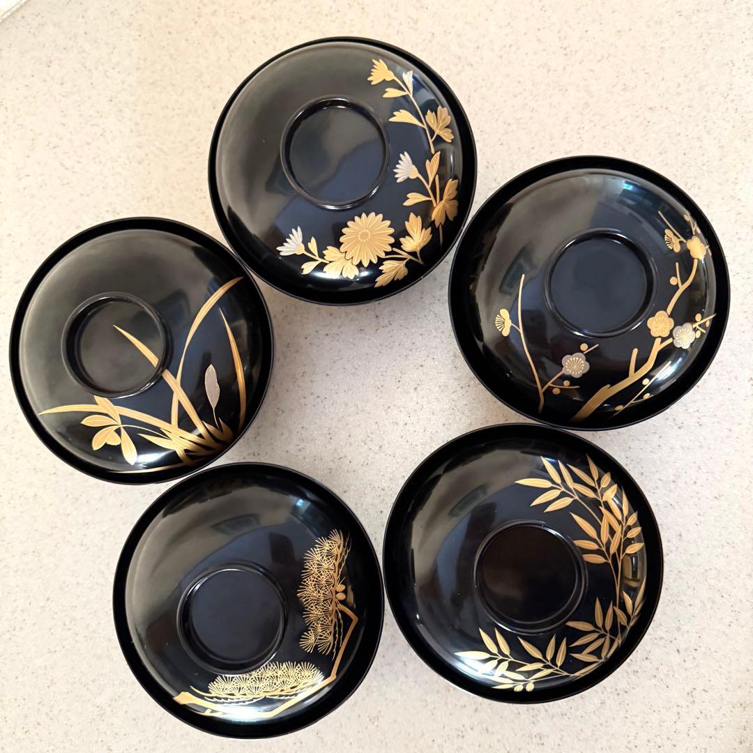 象彦 漆器 吸物椀 5客セット 黒塗 金蒔絵 昭和レトロ 五柄揃い ※1客訳あり