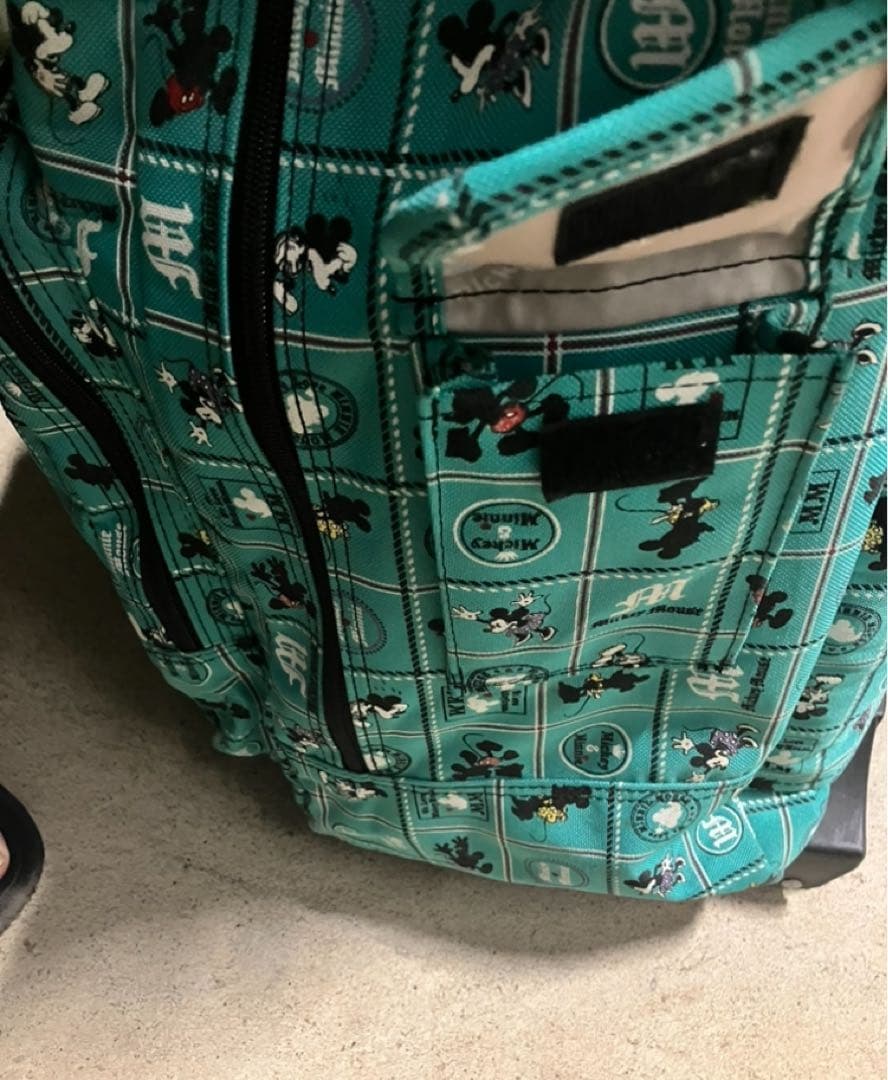 ディズニー緑キャリーカートミッキーミニー サイドポケットセキュリティポケット有り