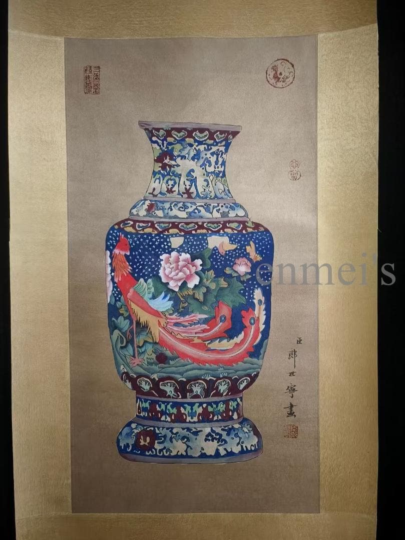 中国古美術 近代 絹本手描き 郎世寧 博古瓶図 三尺 牙軸 肉筆 古玩 中堂画