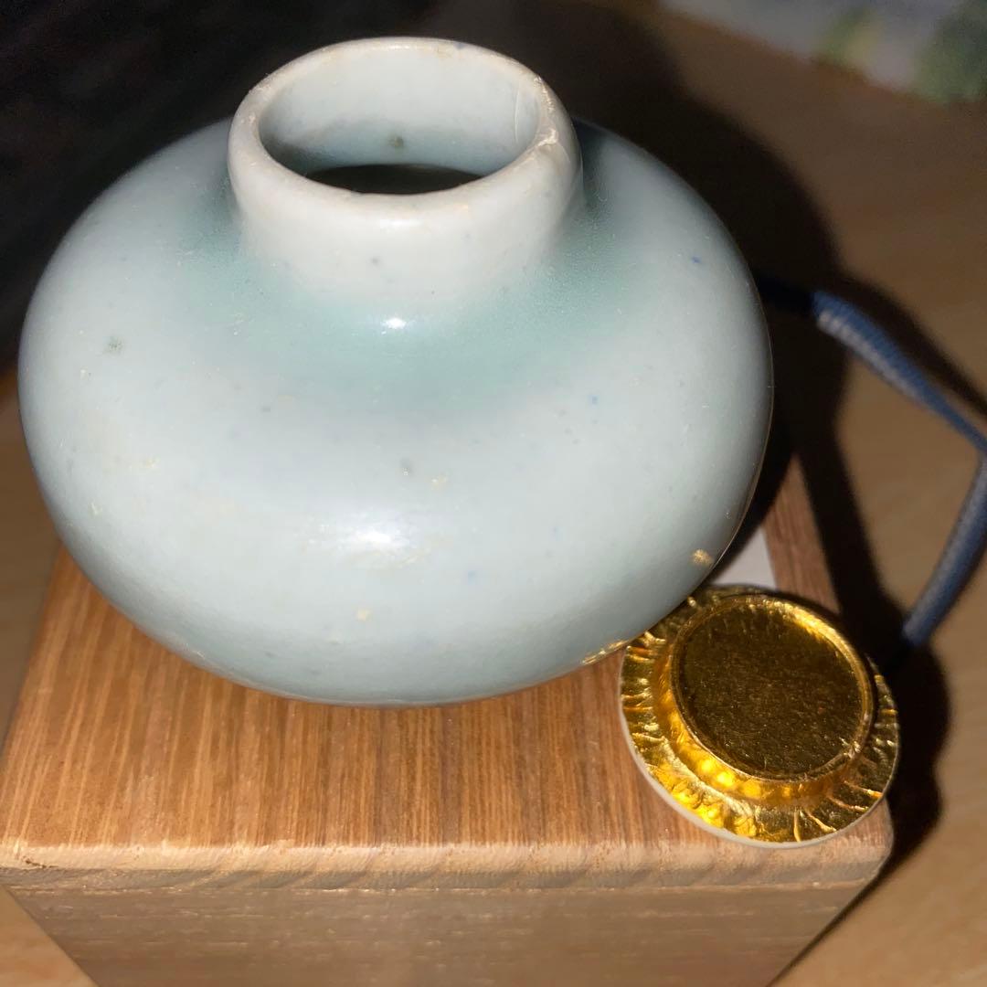 青磁茶入れ　元時代　蓋、仕覆付き