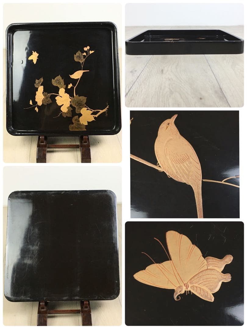 S372懐石膳 四方盆 花鳥蒔絵 5客揃 真塗木製 時代物