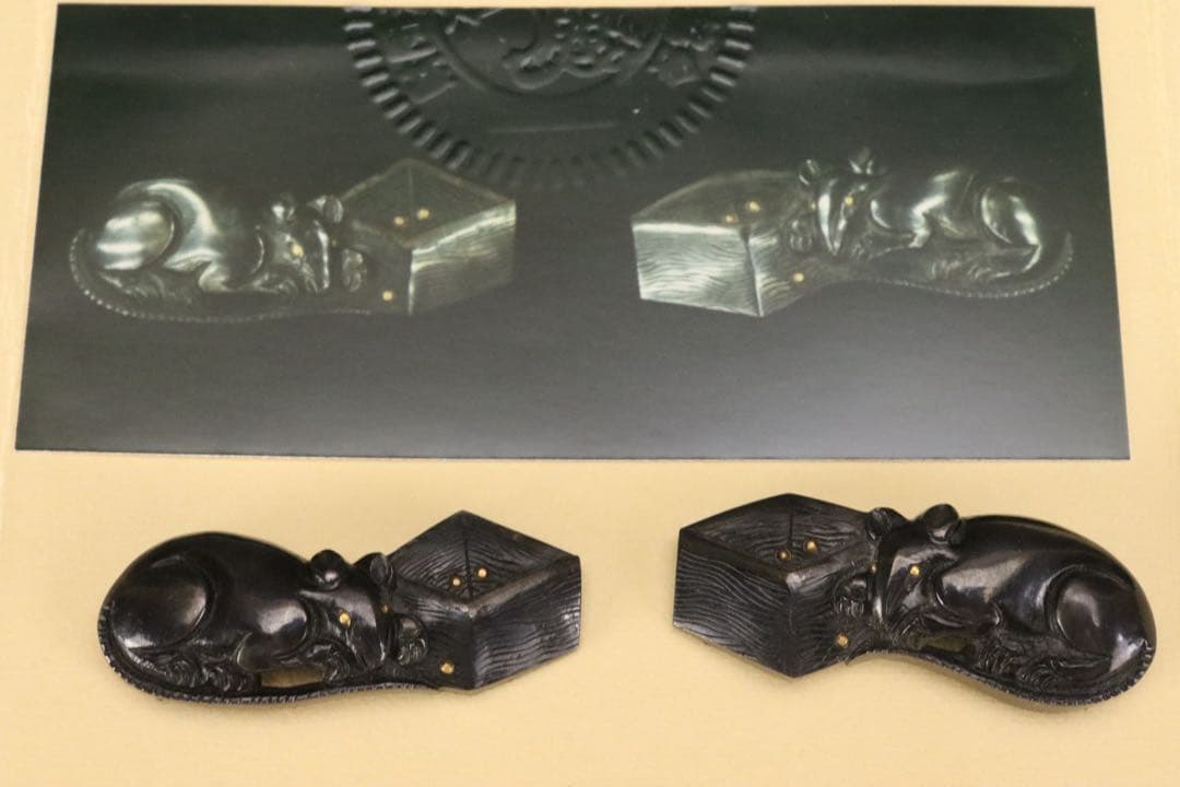 時代刀装具 無銘 京金工 桝に鼠図目貫 赤銅地 容彫 金色絵 保存刀装具鑑定書