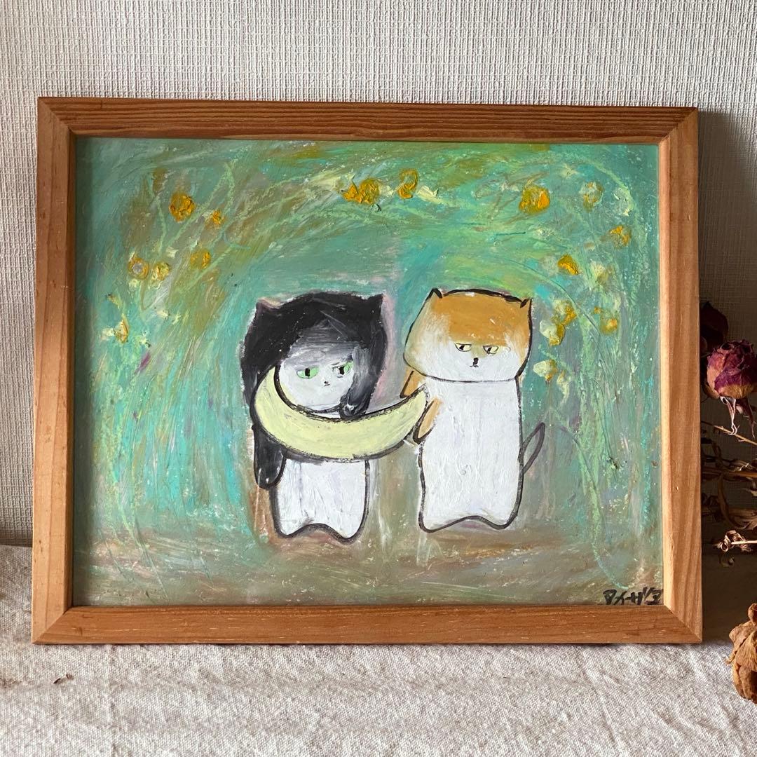 絵画。原画【神秘的な花の基地で、猫ちゃんたちは月を持って未来を楽しみにしている】