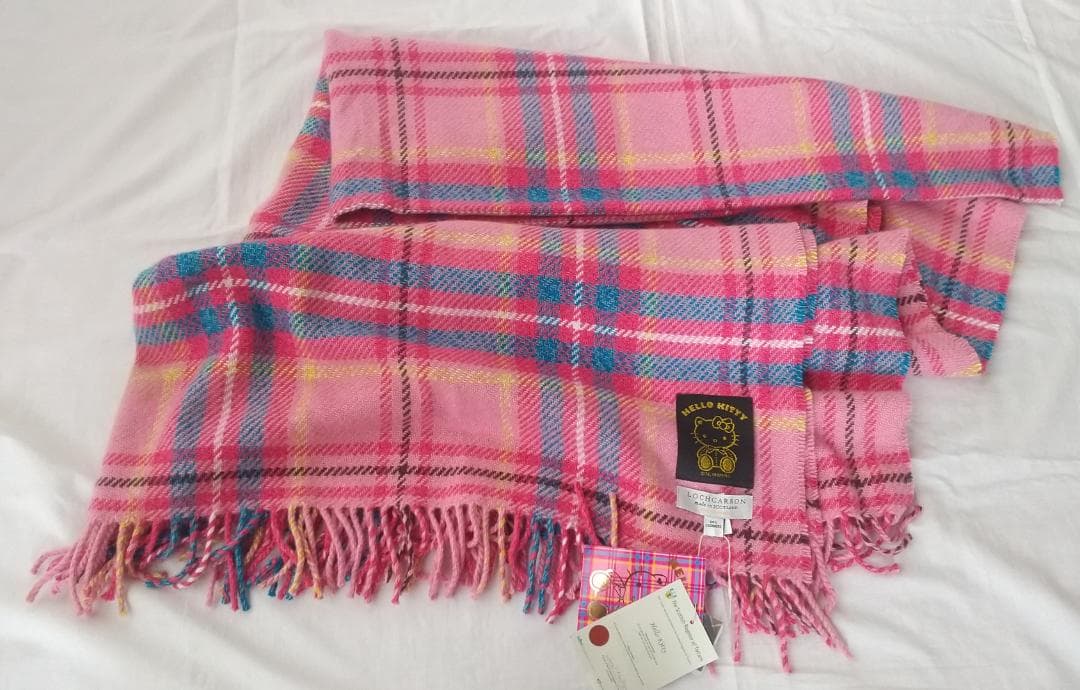 キティ　ブランケット　ストール　タータンチェック　ピンク　カシミヤ100%