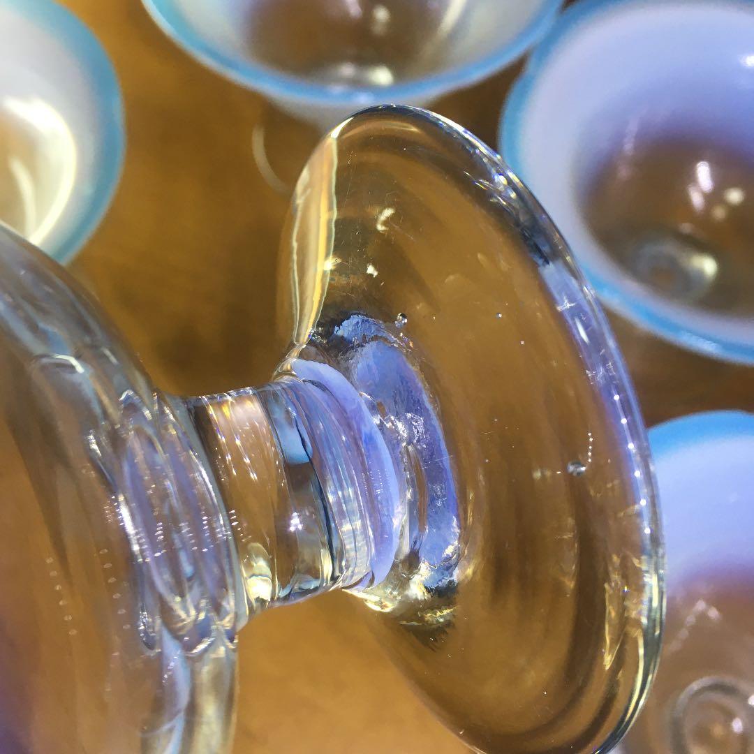 氷コップ③ 乳白色 薄水色縁 5個セット 大正ガラス
