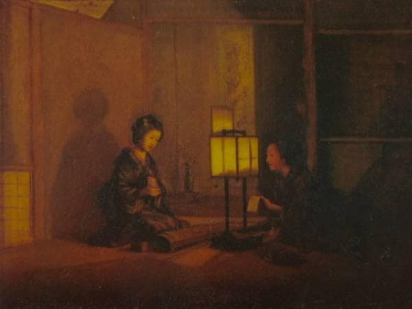 日高文子、【灯火婦人図】、希少な額装用画集より、新品額装付、状態良好