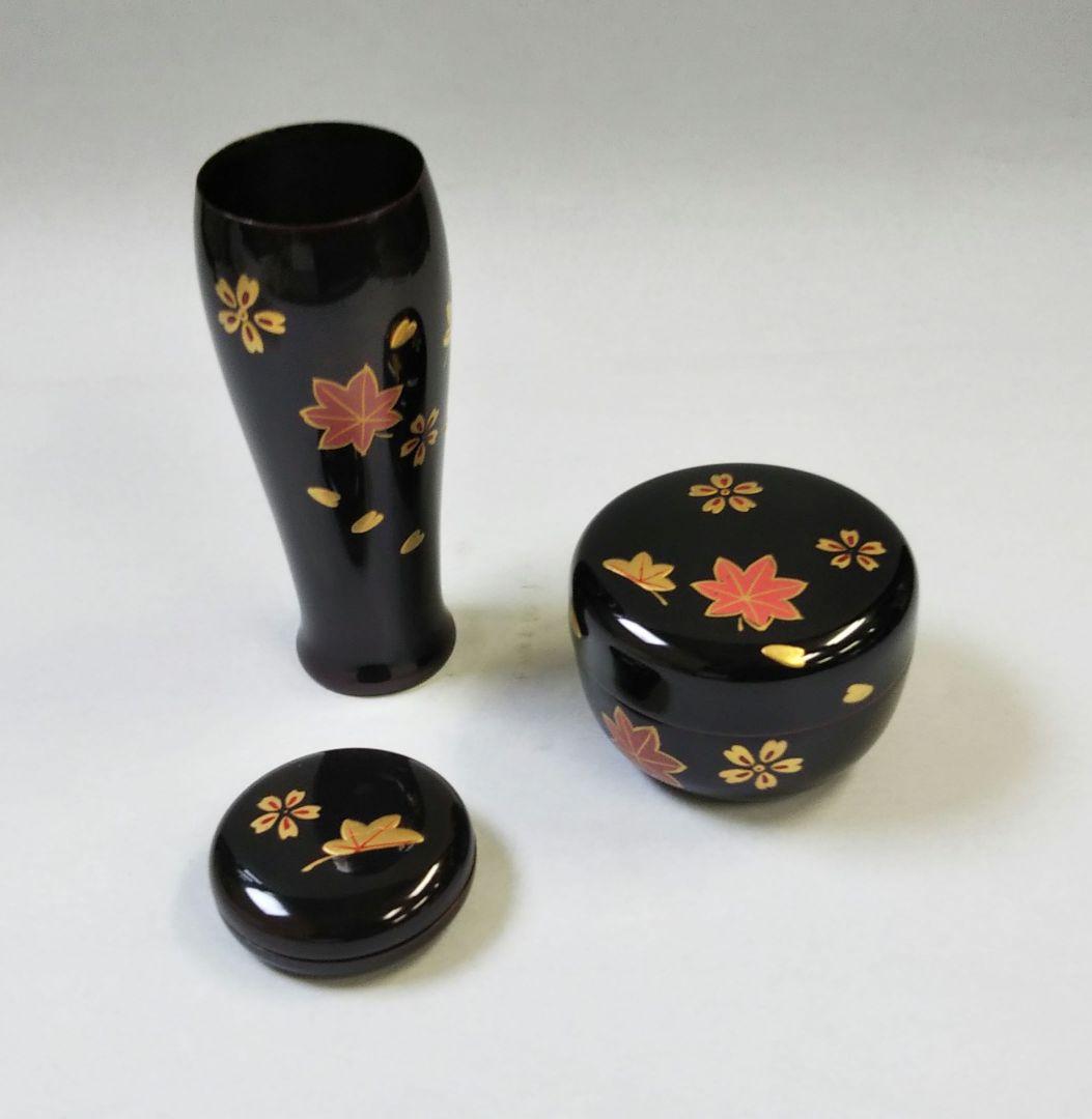 茶道具 茶箱 三品セット 溜塗 春秋蒔絵 木製 新品