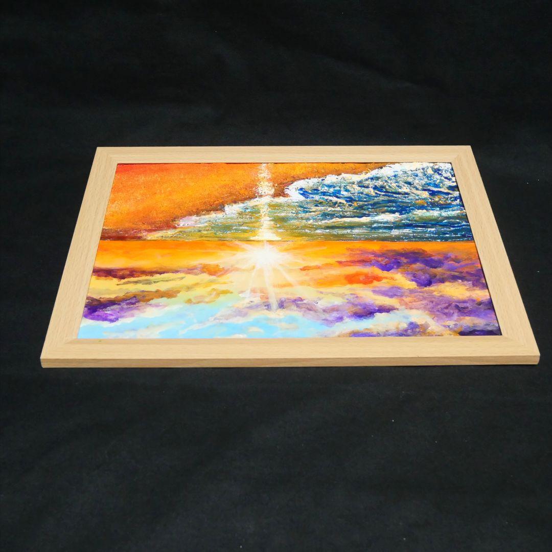 油絵 油彩 油彩画 絵 絵画 【夕陽に染まる海】A4