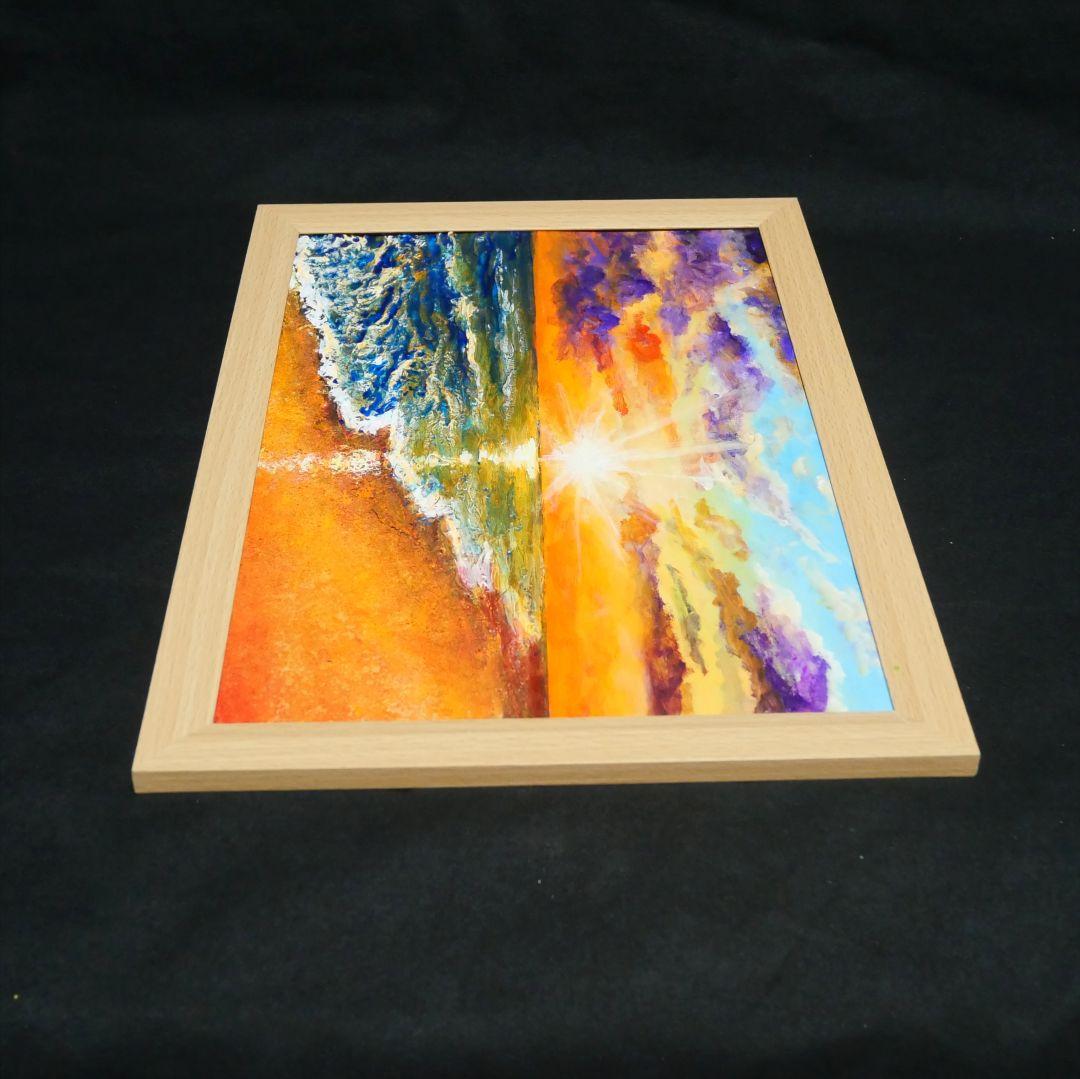 油絵 油彩 油彩画 絵 絵画 【夕陽に染まる海】A4