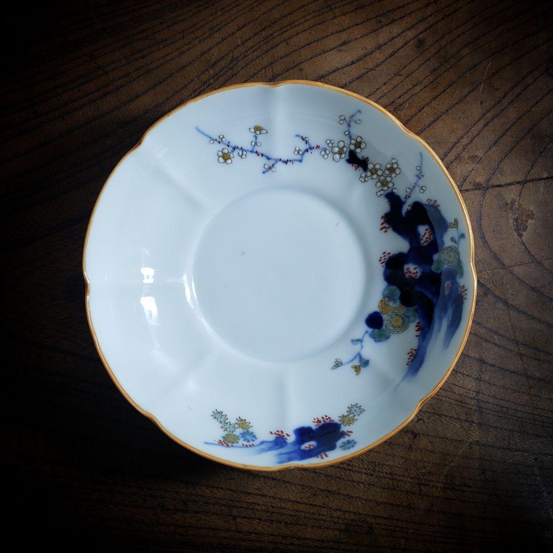 八花弁皿 染付 色絵付 取り皿 なます皿 岩 梅 菊 銘 明治 古伊万里 ロ号