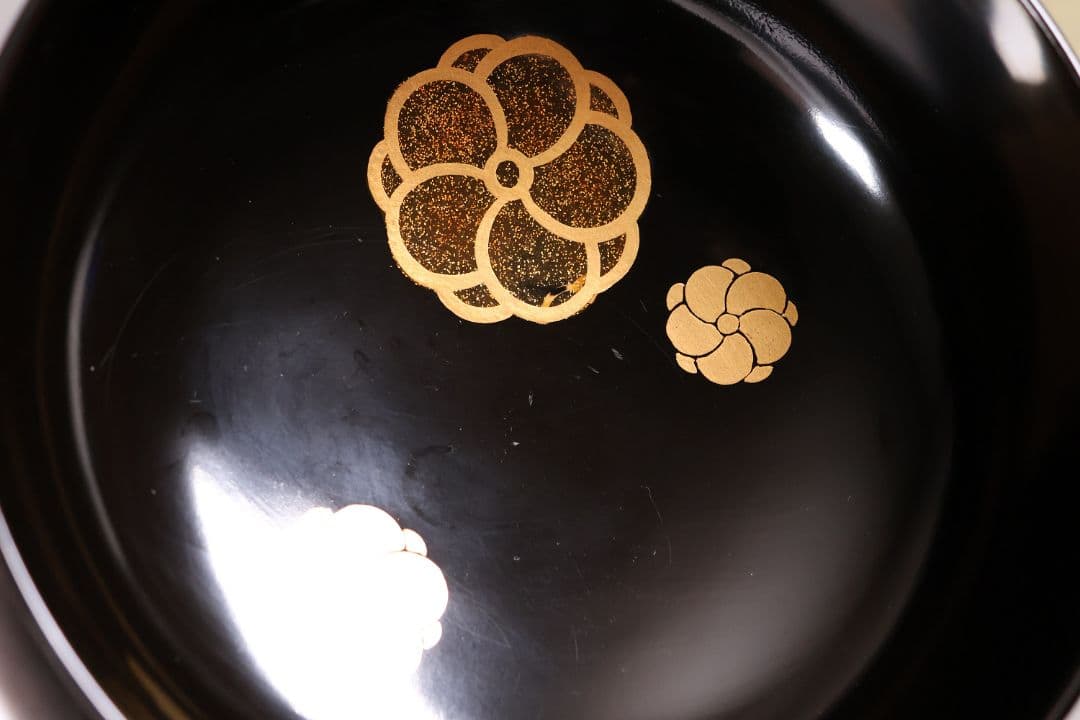 漆芸 木製漆器 捻り梅 金蒔絵 黒塗 御椀 二客 茶懐石道具【MA774】
