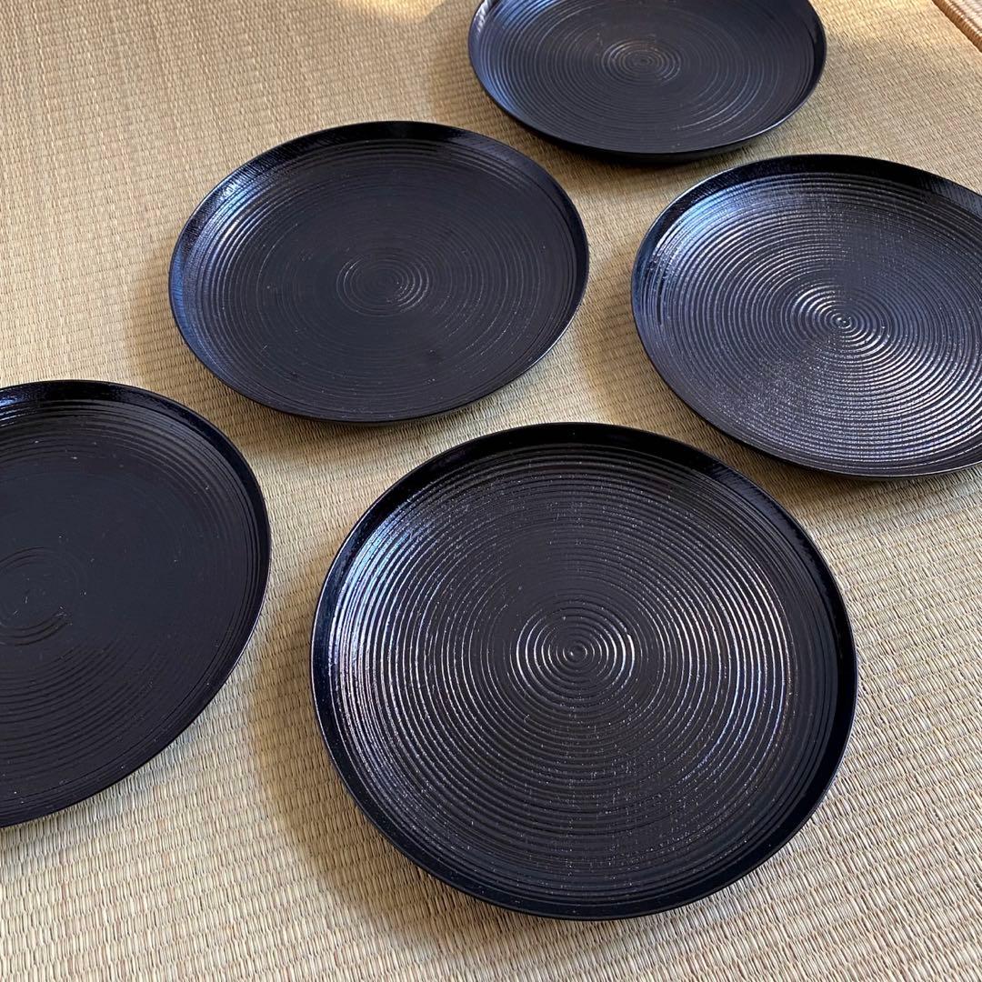 美品 輪島塗 【筋入銘々皿 5客組】菓子皿 千筋 天然木 漆塗 懐石 茶道具