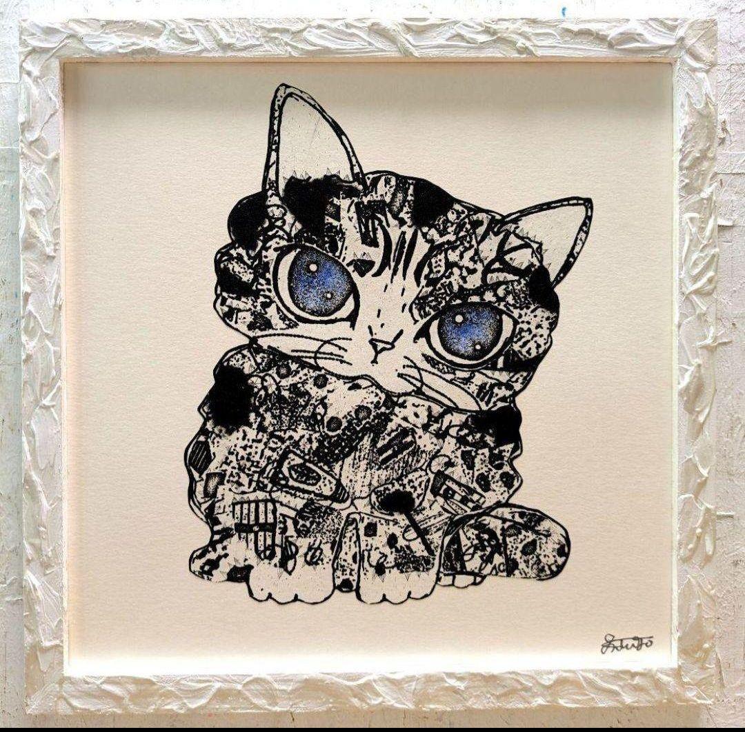 今月ラス2❗️手作り額付き作品　title「きらめきニャンコ」