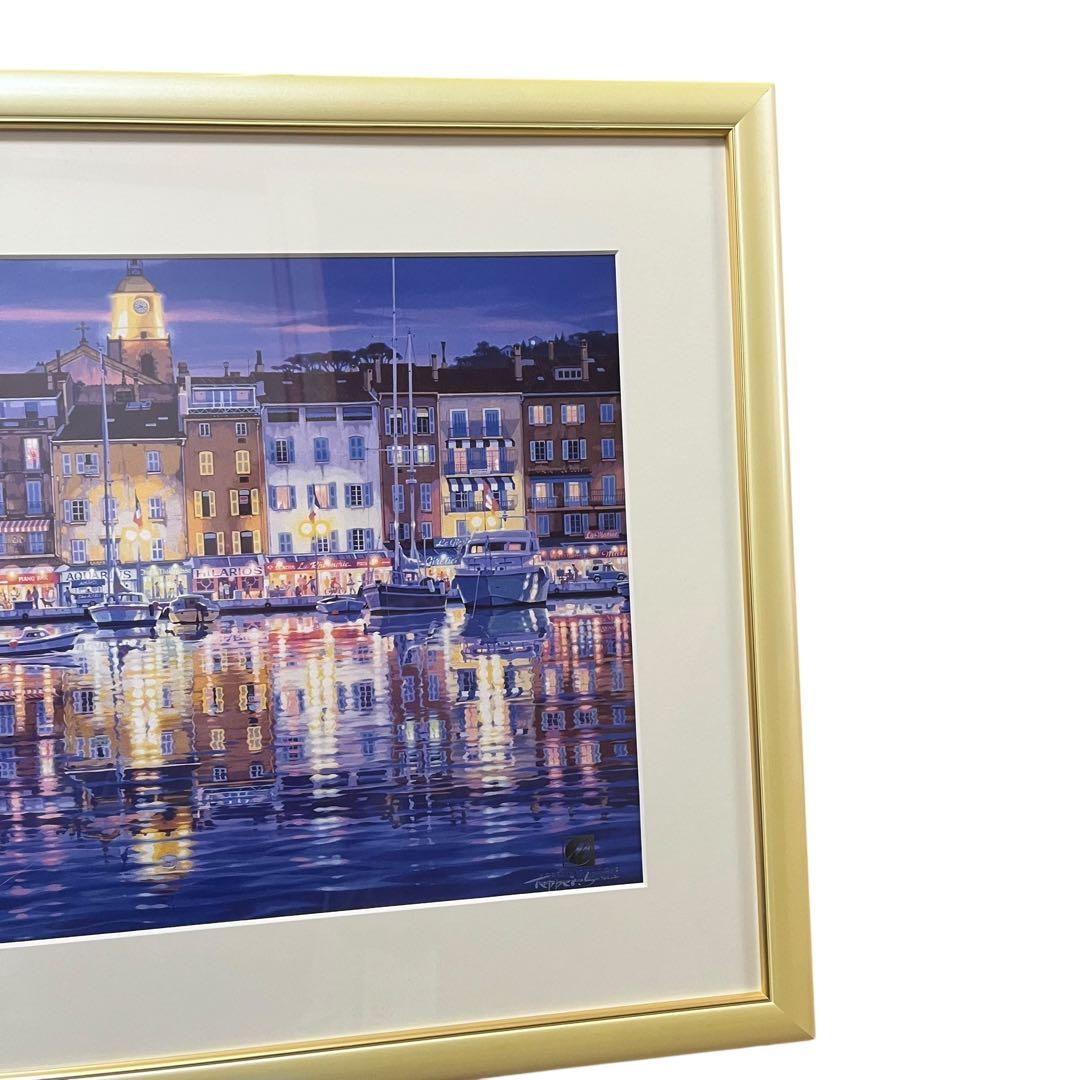 美品 笹倉鉄平 サントロペ港の夜 額装ポスター110×54cm 正規品