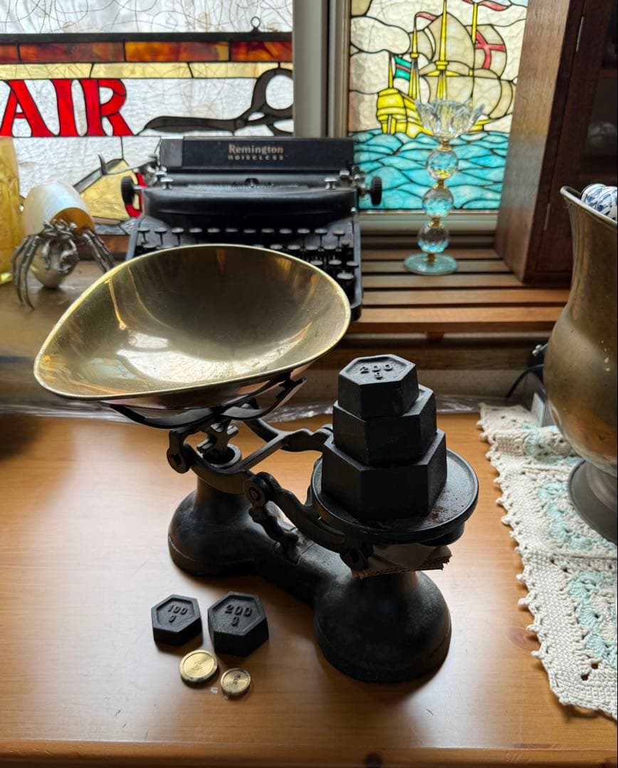 アンティークスケール 上皿天秤 天秤式はかりと重りセット 天秤計り アイアン銅