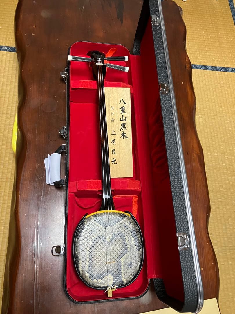 沖縄三線最高峰八重山黒木与那城型ウズラ➖トラ模様本皮一枚張りスンチ塗り限定出品