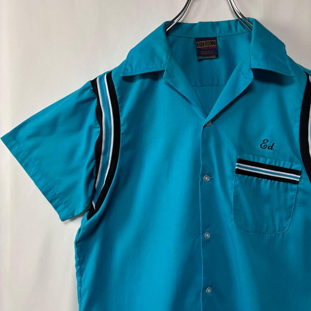 USA製 ヒルトン　ボーリングシャツ　半袖シャツ　ヴィンテージ　古着　ブルー　M
