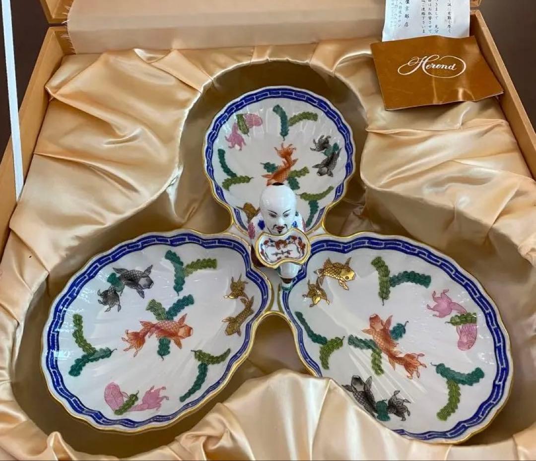 HERENDヘレンド 30cm ポワッソン 3パートレリッシュトレイ マンダリン