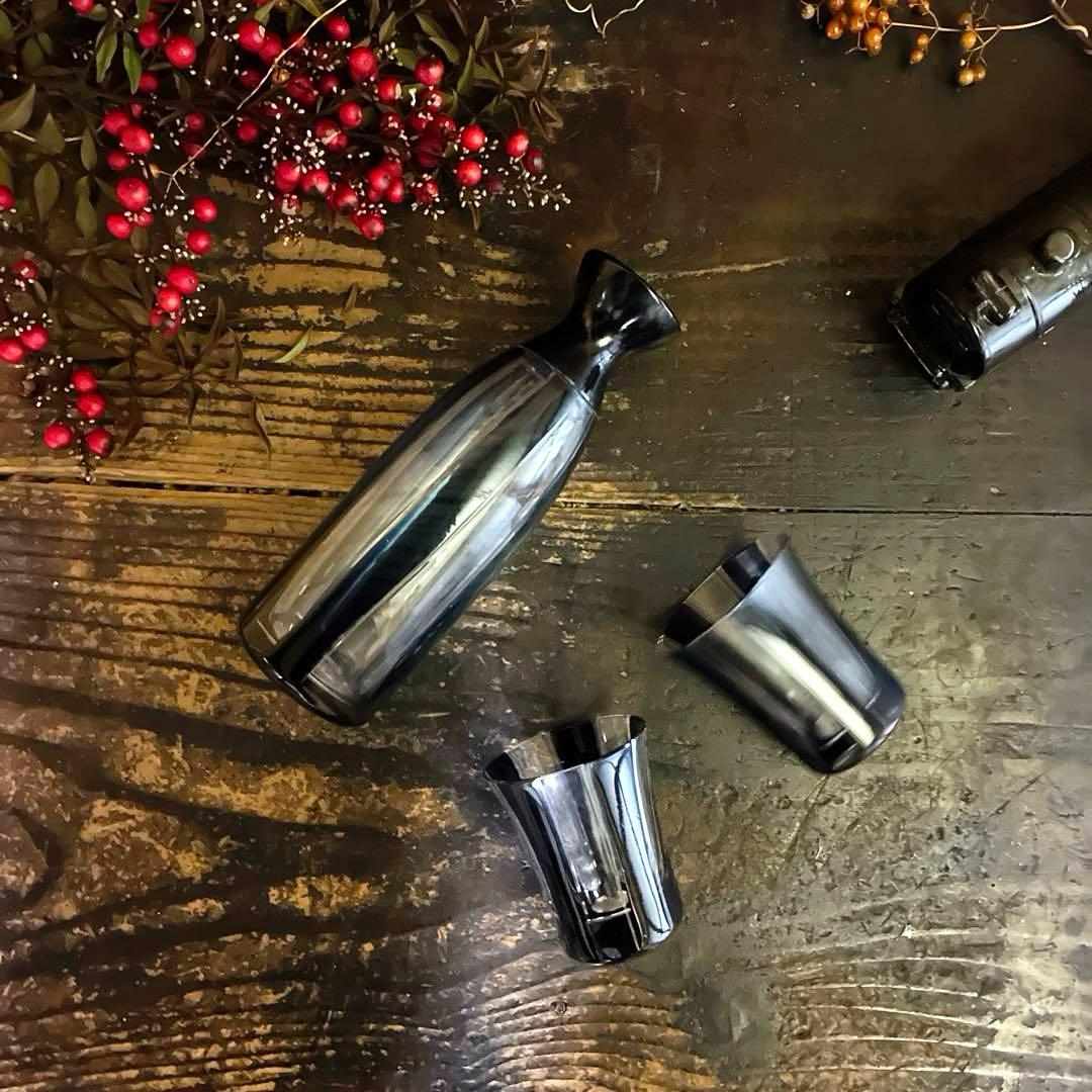 骨董　時代ガラス　希少　紺色被せ　縞　モダン切子　徳利　酒器　３点