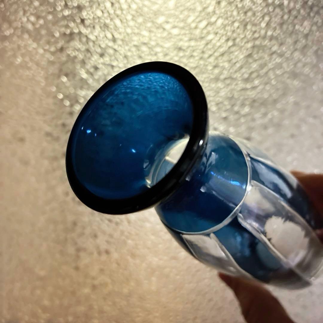 骨董　時代ガラス　希少　紺色被せ　縞　モダン切子　徳利　酒器　３点