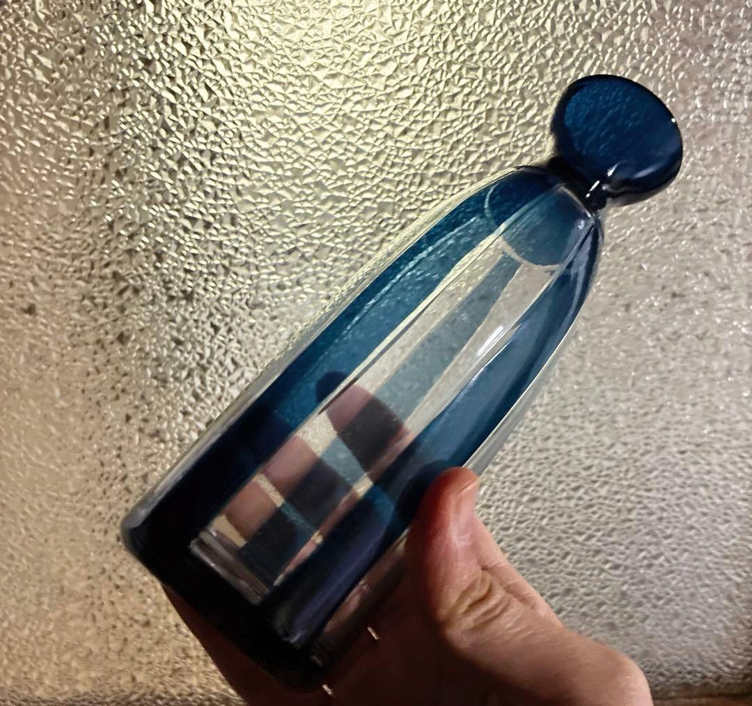 骨董　時代ガラス　希少　紺色被せ　縞　モダン切子　徳利　酒器　３点