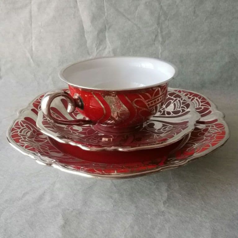 逸品　ローゼンタール　純銀巻朱地装飾図紋　トリオ　ファインシルバー　アンティーク