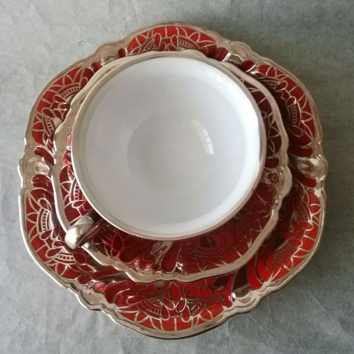 逸品　ローゼンタール　純銀巻朱地装飾図紋　トリオ　ファインシルバー　アンティーク