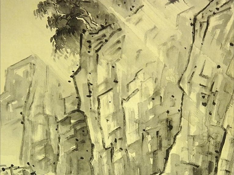 掛軸 北尾全牛『保津峡曳船』日本画 絹本 肉筆 共箱付 掛け軸 a07091