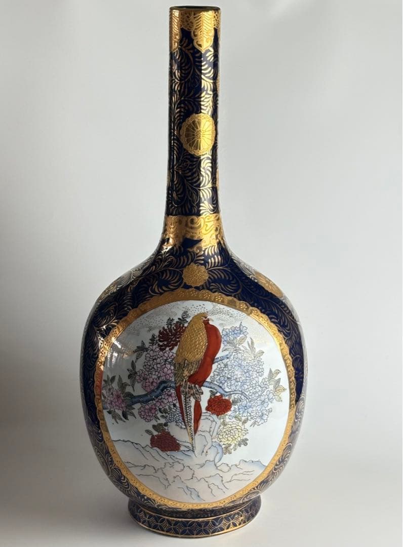 栄盛窯 瀧山作 薩摩焼 金襴手 花鳥図 鶴首花瓶 高さ約65cm 花瓶 花入れ