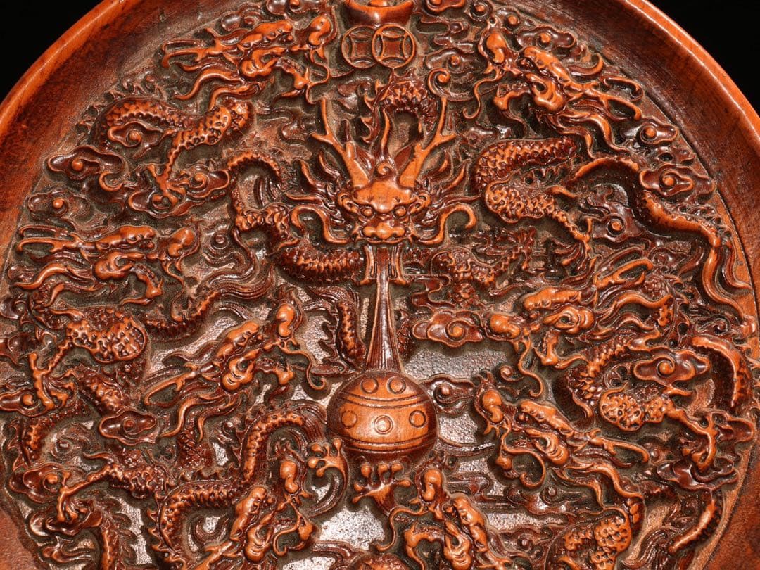 老黄楊木（ツゲ）彫刻「九龍戯珠」