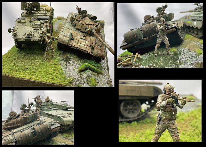 朽ちて池に沈んだT72 ジオラマ　メルカバ戦車付き