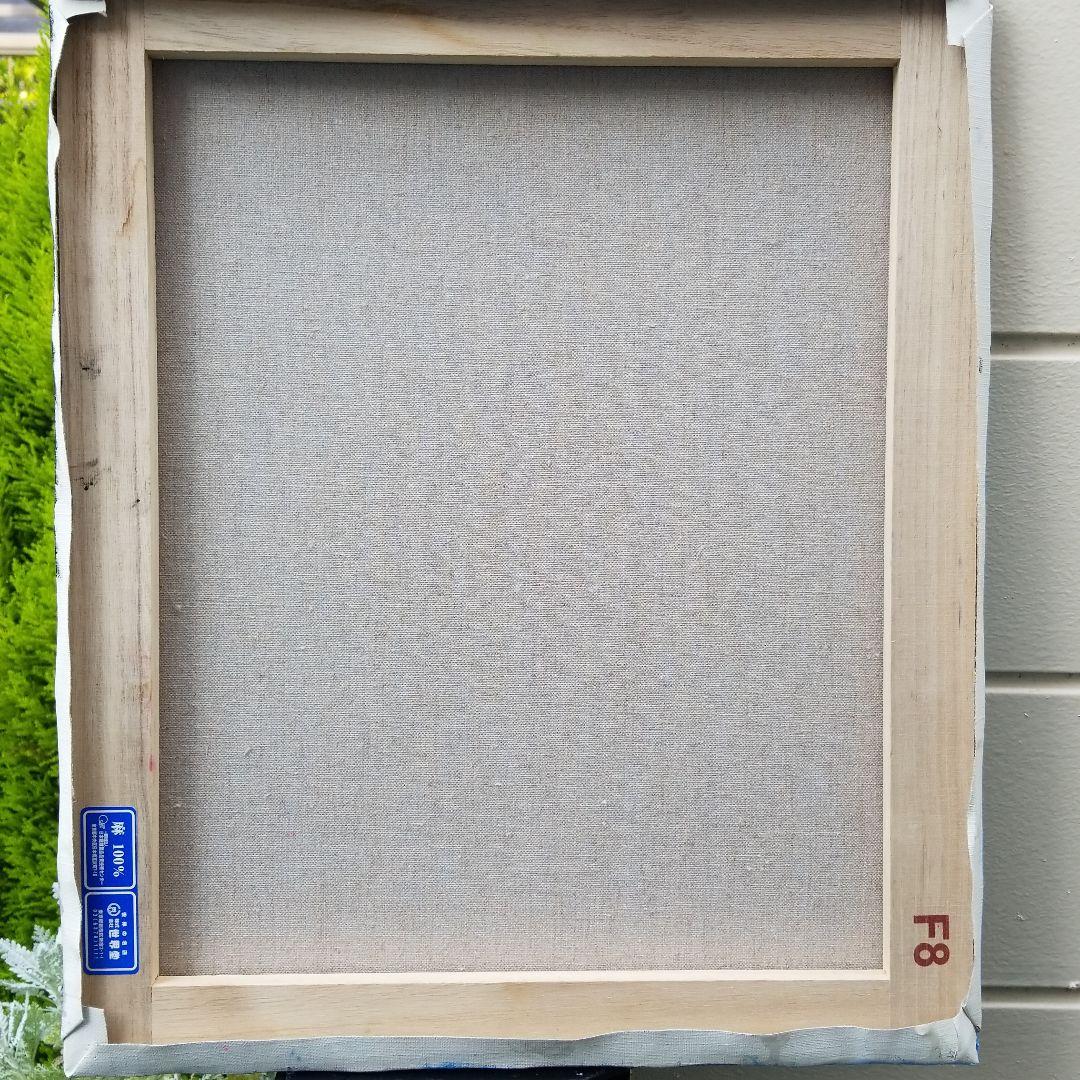 キャンバス油絵　よっこ　クールな配色のテーブル　大きいキャンバス縦45.5