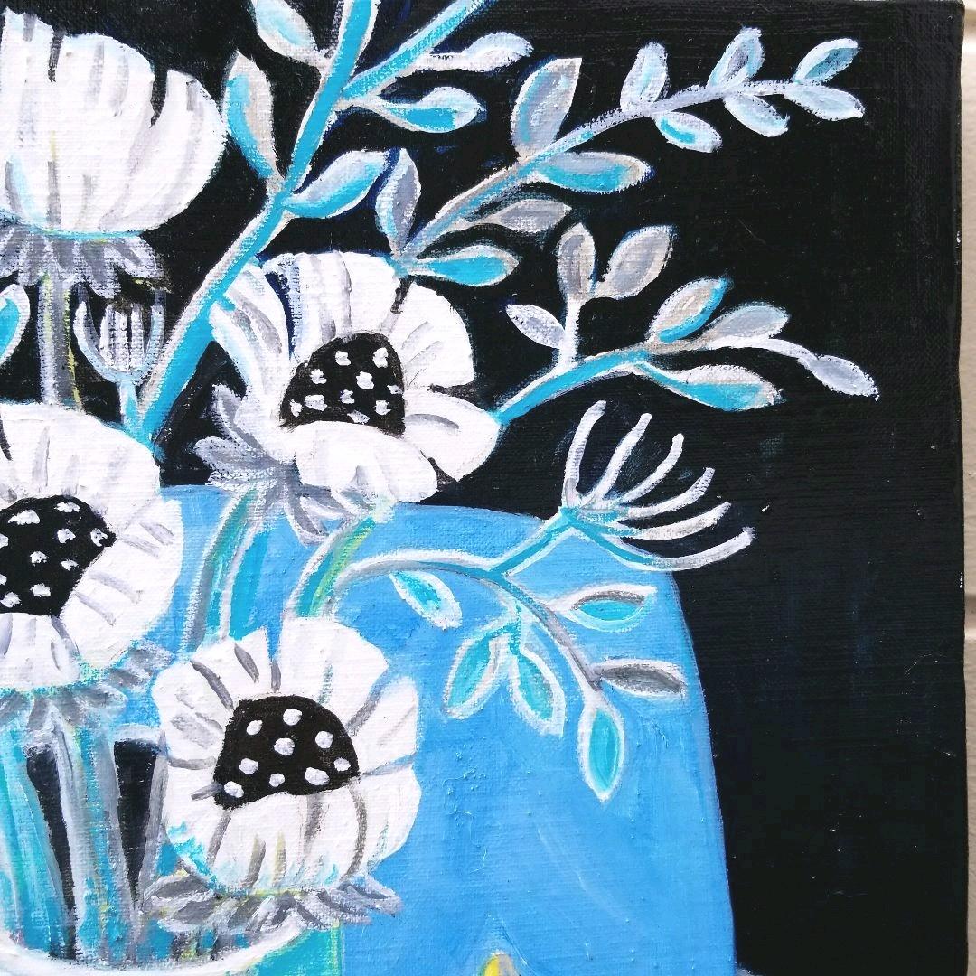 キャンバス油絵　よっこ　クールな配色のテーブル　大きいキャンバス縦45.5