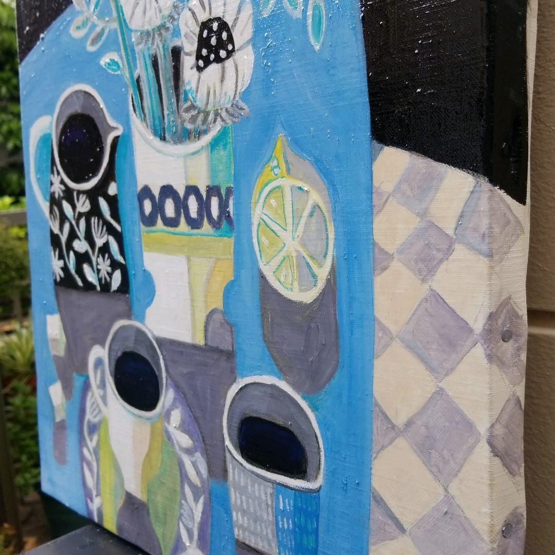 キャンバス油絵　よっこ　クールな配色のテーブル　大きいキャンバス縦45.5