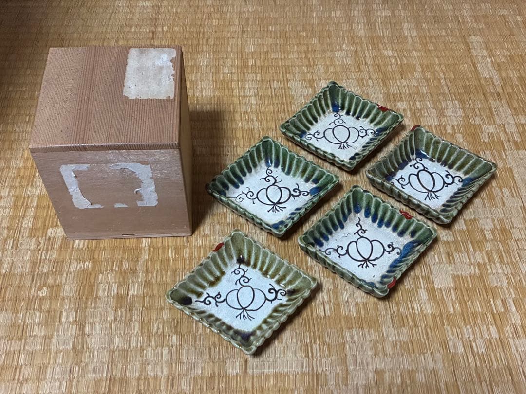 古織部 古い 陶器 菱形 小皿 盛皿 五枚 箱付 時代物