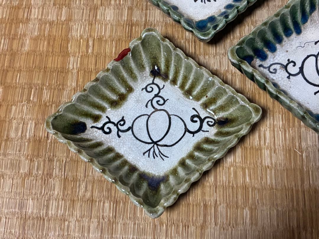 古織部 古い 陶器 菱形 小皿 盛皿 五枚 箱付 時代物