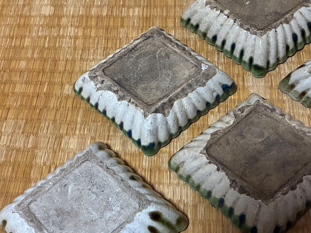 古織部 古い 陶器 菱形 小皿 盛皿 五枚 箱付 時代物