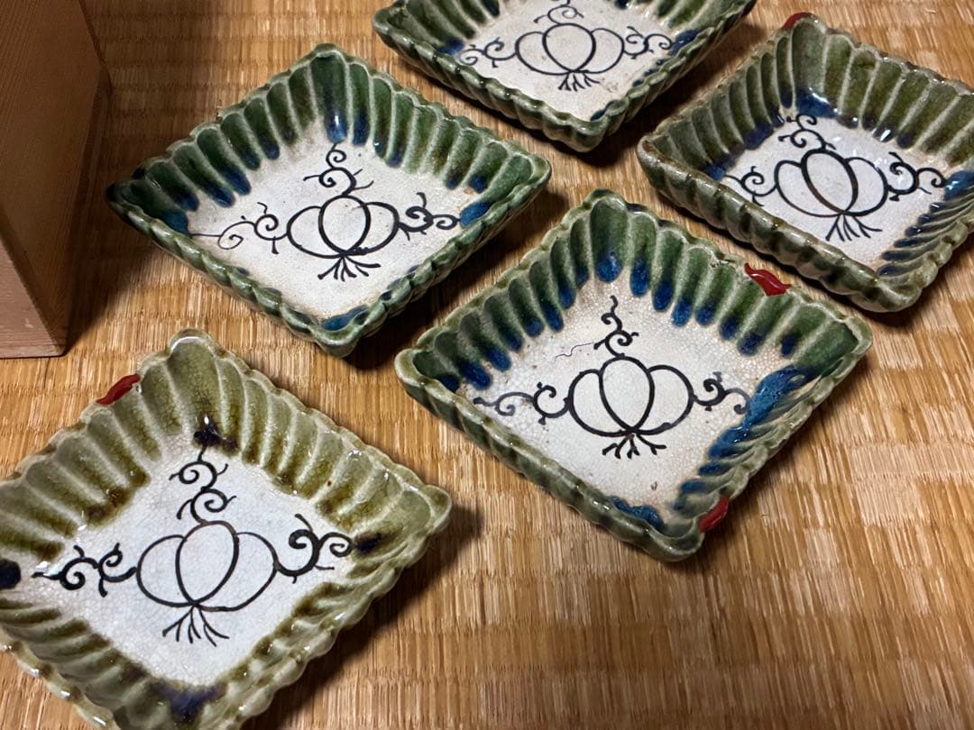 古織部 古い 陶器 菱形 小皿 盛皿 五枚 箱付 時代物