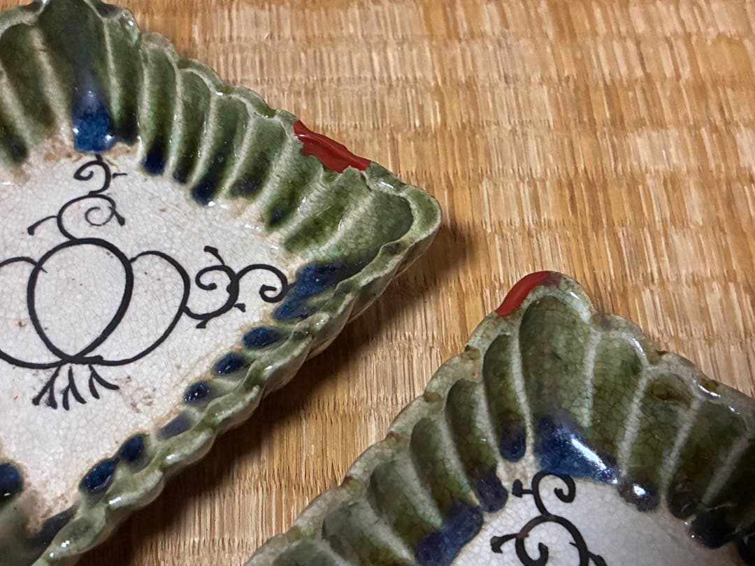 古織部 古い 陶器 菱形 小皿 盛皿 五枚 箱付 時代物