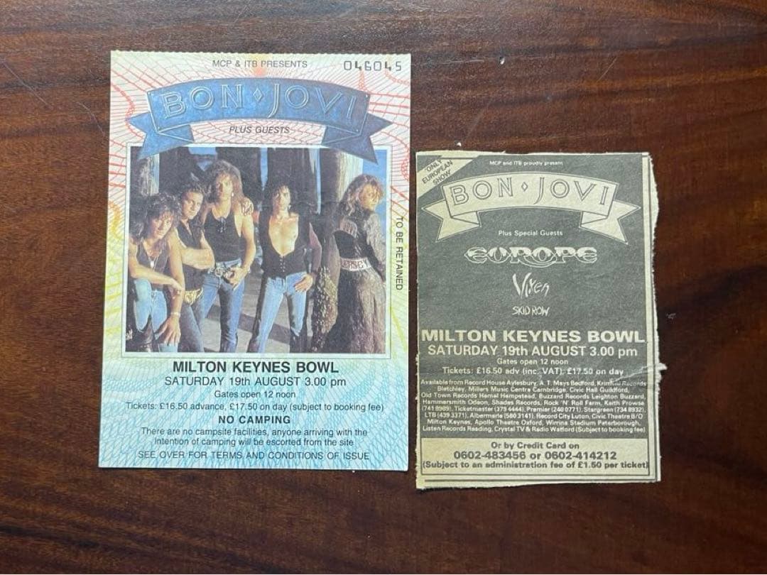 Bon Jovi 1989年Milton Keynesライブチケット半券
